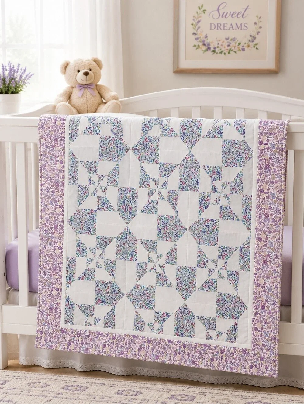 Handmade Unfinished Quilt Top Blue Floral White Lavender Border Patchwork 37 3/4